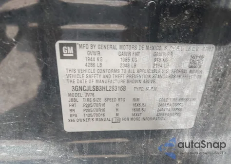 2017 Chevrolet Trax Lt из США, поврежденный, VIN 3GNCJLSB3HL283168